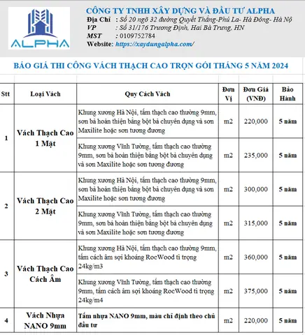 Đơn Giá Thi Công Vách Thạch Cao