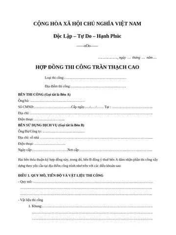 Hợp Đồng Thi Công Trần Thạch Cao