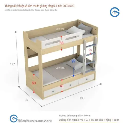 Kích Thước Giường Tầng Gỗ Công Nghiệp