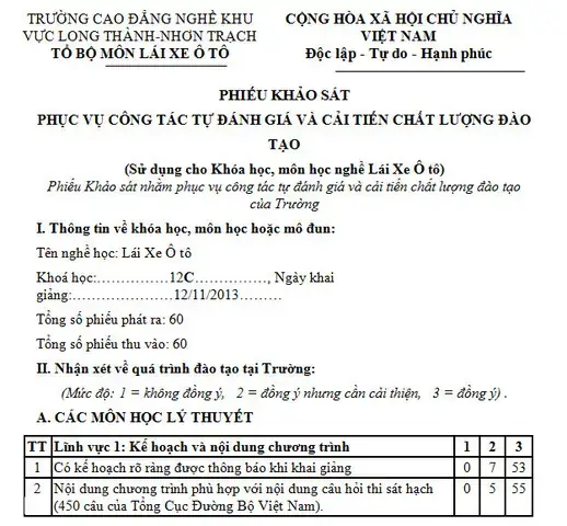 Phiếu Khảo Sát Bếp Ăn Tập Thể