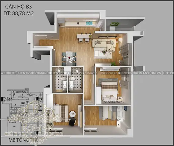 Thiết Kế Nội Thất Căn Hộ 80m2 3 Phòng Ngủ
